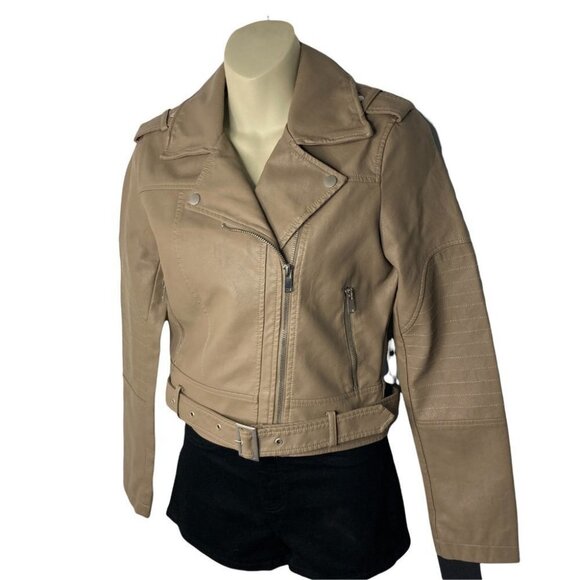 Collection B Faux Leather Belted Moto Jacket Brown Size Small - Picture 5 of 12